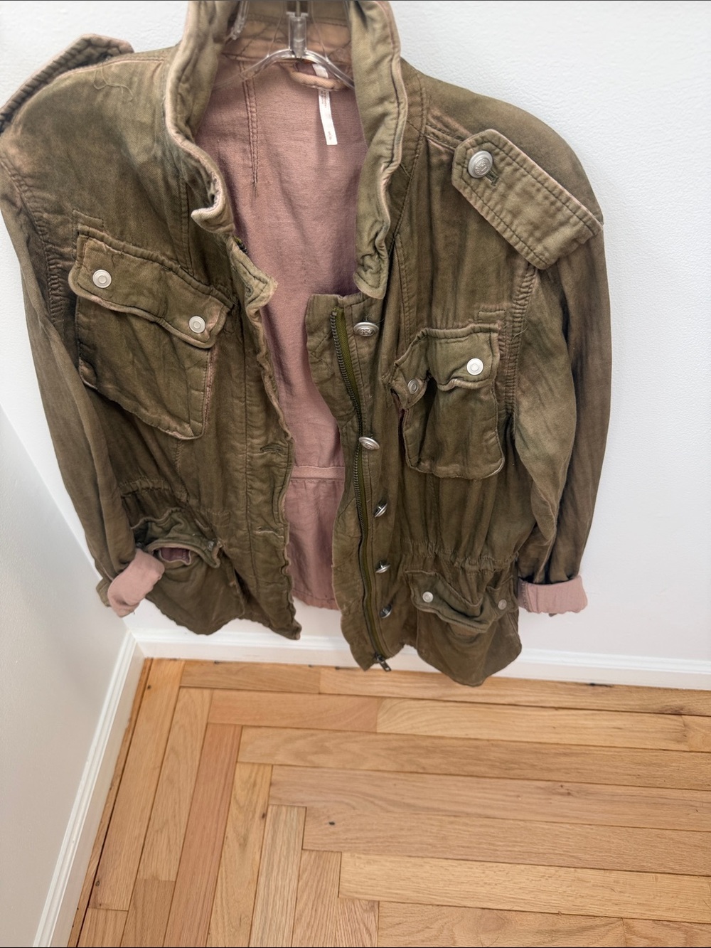 Free People Olive Green Military Utility Jacket with Drawstring